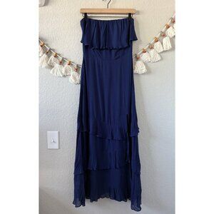 Reformation Indy Navy Strapless Tiered Ruffle Midi Dress Party Dainty Whimsical